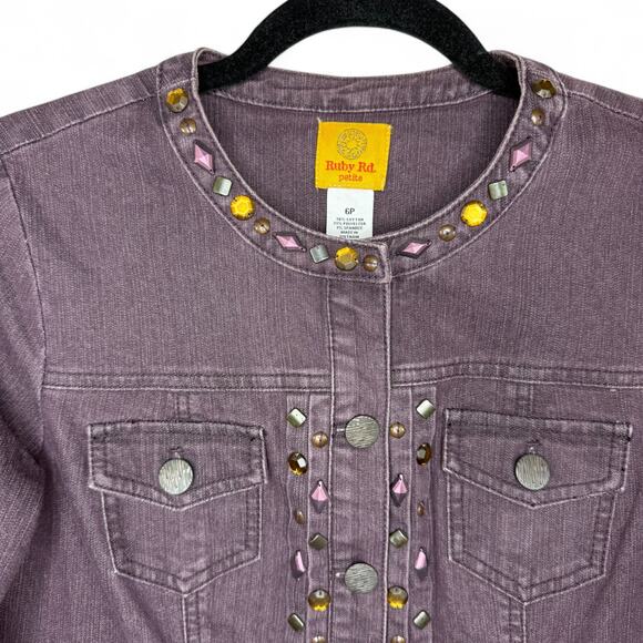 Ruby Rd Petite Denim Jacket Womens 6P Small Purple Studded Boho Festival Western - Picture 2 of 13